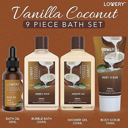 Bath and Body Gift Basket For Women and Men – 9 Piece Set of Vanilla Coconut Home Spa Set