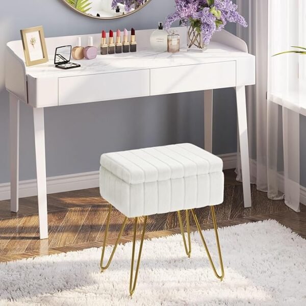 Greenstell Vanity Stool Chair Faux Fur with Storage, 15.7"L x 11.8"W x 19.4"H Soft Ottoman 4 Metal Legs
