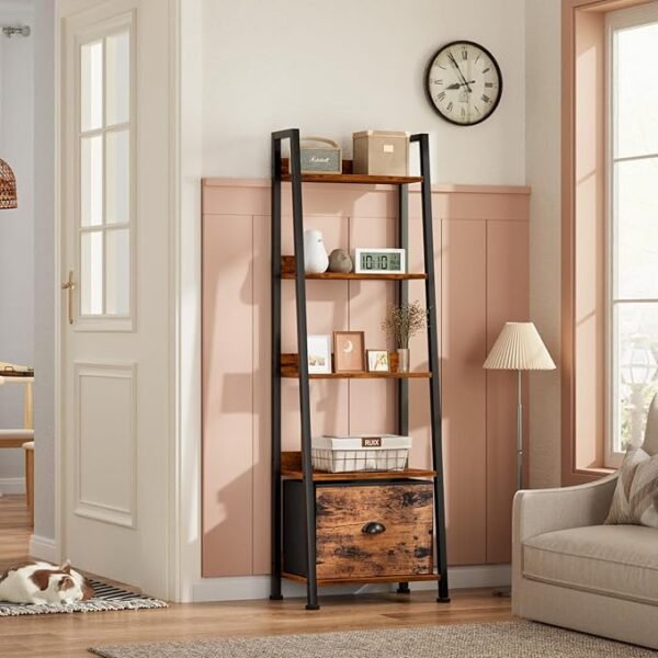 Furologee 5-Tier Ladder Shelf, Ladder Bookshelf with Removable Drawer, Rustic Bookcase Storage Rack Organizer
