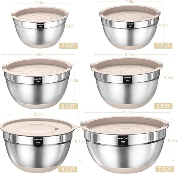 Mixing Bowls with Airtight Lids Set, 26PCS Stainless Steel Khaki Bowls