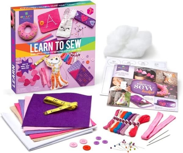 Craft-tastic Learn to Sew Kit – 7 Fun Projects and Reusable Materials to Teach Basic Sewing Stitches