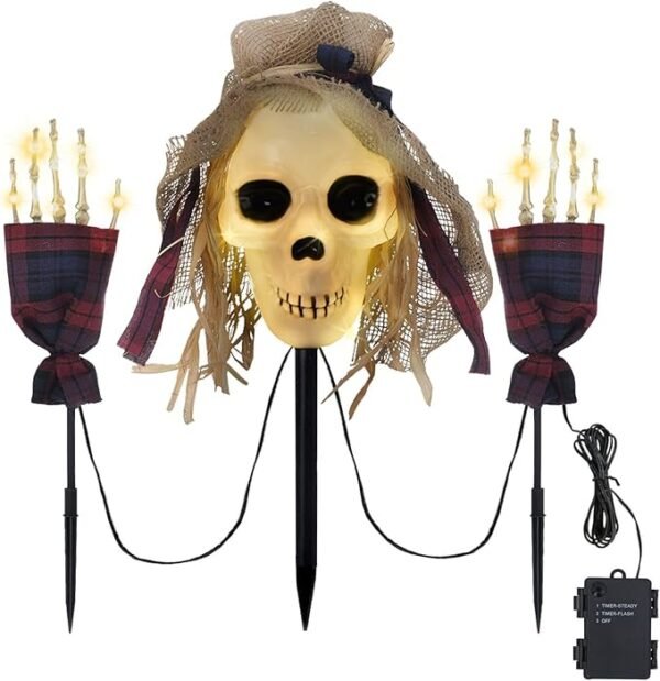 3 Pcs Halloween Pathway Lights Outdoor, 30 LEDs Halloween Skull and Arms Stake Lights