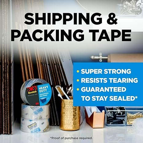 Scotch Heavy Duty Shipping Packing Tape, Clear, 1.88 in. x 54.6 yd., 6 Tape Rolls