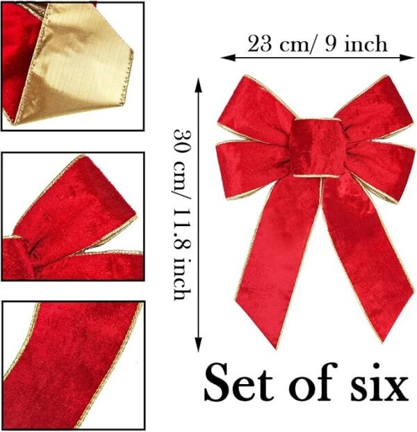 BUVANE 6PCS Red Christmas Velvet Bows, 9" x 12" Christmas Wreath Bow with Golden Edged