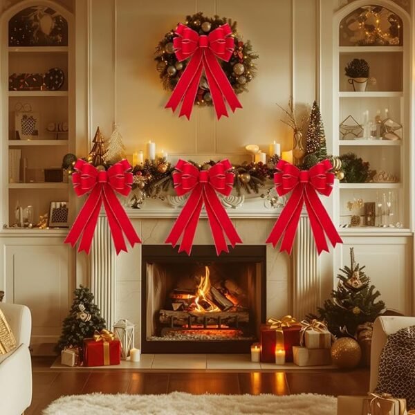 6 Pcs Red Christmas Bows Outdoor Decorations - 16”x24” Large Velvet Wreath
