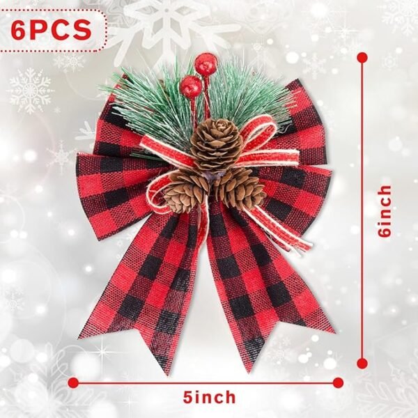 JOHOUSE 6PCS Christmas Red Buffalo Plaid Bows, 6 x 5 Inch Decorative Christmas Bows