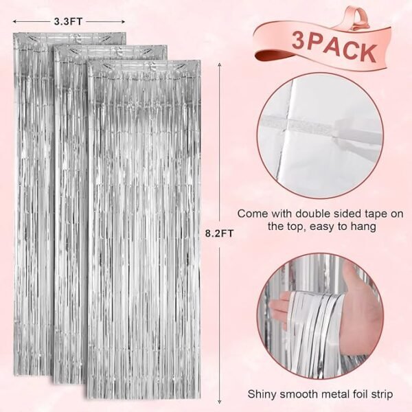Voircoloria 3 Pack 3.3x8.2 Feet Silver Foil Fringe Backdrop Curtains