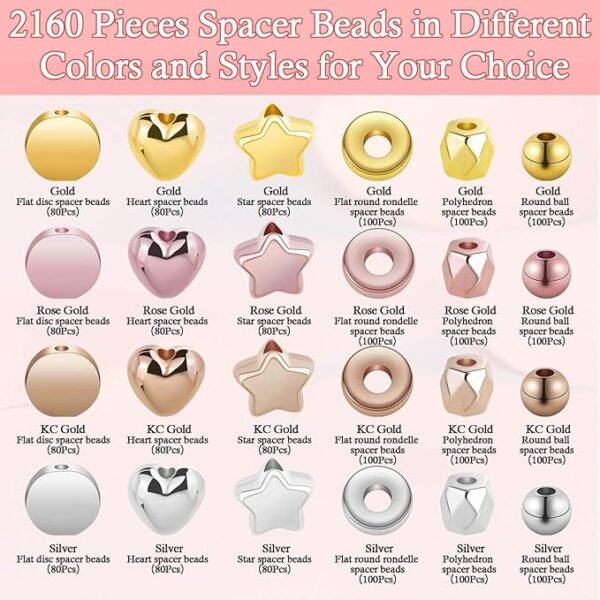 2160 Pieces Gold Spacer Beads Set, Assorted Round Star Gold Beads for Bracelet
