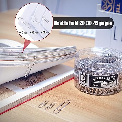 3 Kempshott 750 Paper Clips Assorted Sizes Small, Medium and Large