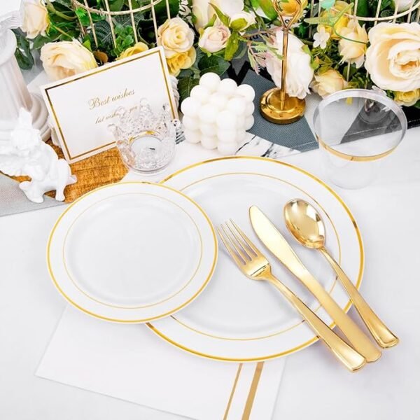 350pcs Gold Plastic Plates-Disposable Plastic Dinnerware Set