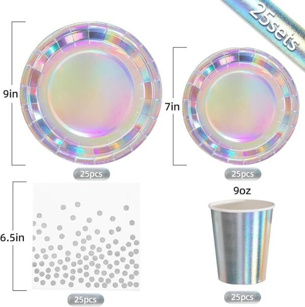 175Pcs Iridescent Party Decorations-Silver party Plates and Cups and Napkins Sets