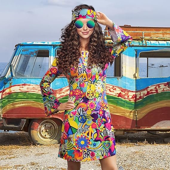 70s Hippie Dress Costumes Necklace Earrings Sunglass