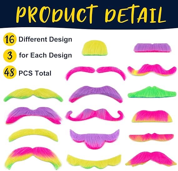 48 Pcs Fake Mustaches, Self Adhesive Fake Beard, Novelty Hairy Beard