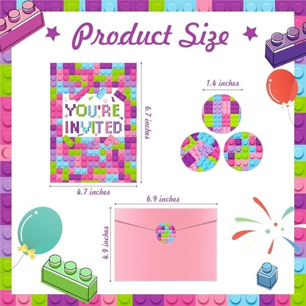 Colarr 24 Set Girls Pink Building Blocks Birthday Party Invitations