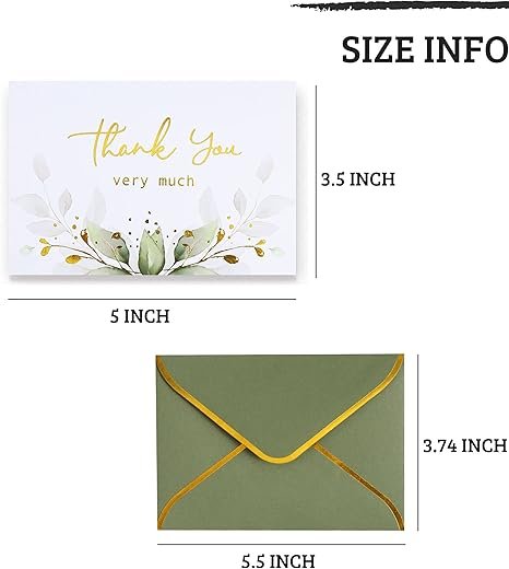 Winoo Design 100 PK Luxurious Gold Thank You Cards with Envelopes Bulk Sage Green - 5x3.5 Inches