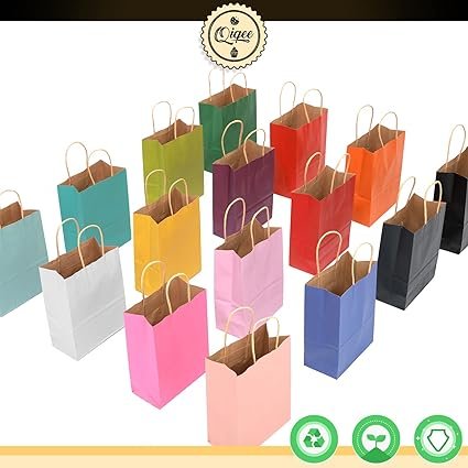 qiqee 60-Packs Paper Bags with Handles Bulk 8.26"×6"×3.15" Small Gift Bags 16 Different Senior Color Bags