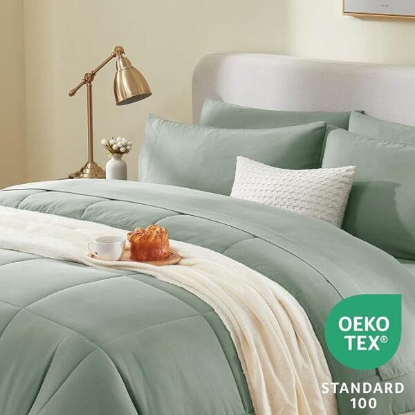 CozyLux Sage Green Comforter Set Queen 7 Pieces Bed in a Bag Sage Green Comforter Queen Size Comforters Bedding Sets