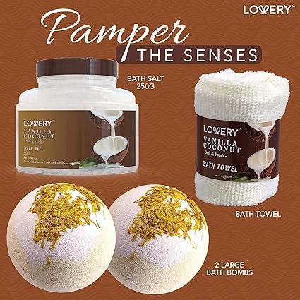 Bath and Body Gift Basket For Women and Men – 9 Piece Set of Vanilla Coconut Home Spa Set