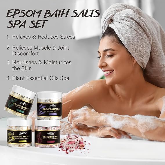 Epsom Bath Salts Gift Set for Soaking 4pcs Bath Salts with Essential Oils for Women Relaxing Lavender