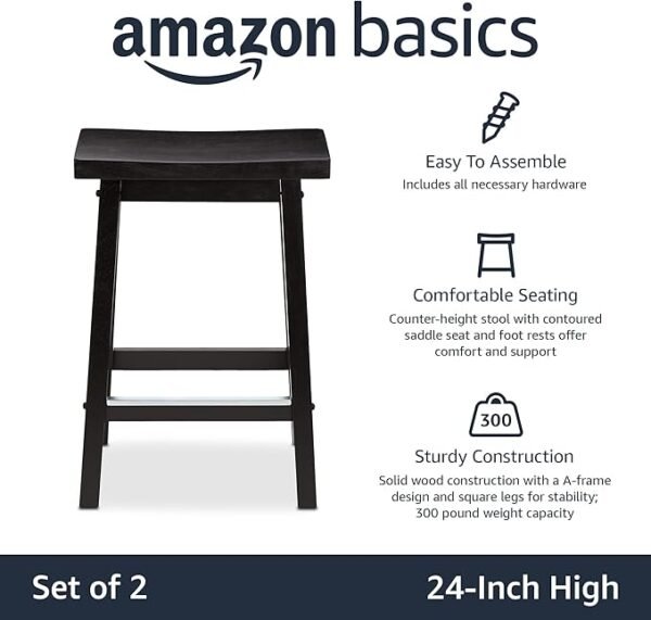 3 Amazon Basics Solid Wood Saddle-Seat Counter-Height Kitchen Island BarStool, 24-Inch Height