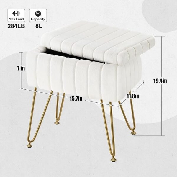 Greenstell Vanity Stool Chair Faux Fur with Storage, 15.7"L x 11.8"W x 19.4"H Soft Ottoman 4 Metal Legs