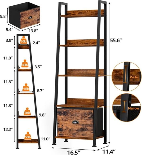 Furologee 5-Tier Ladder Shelf, Ladder Bookshelf with Removable Drawer, Rustic Bookcase Storage Rack Organizer