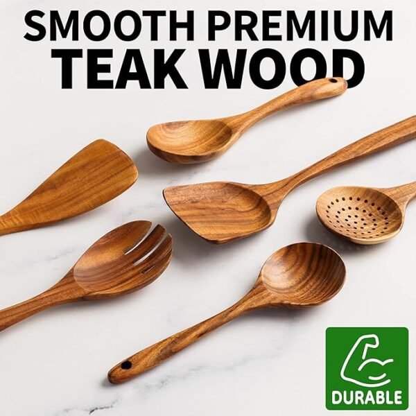 Zulay Kitchen 6-Piece Wooden Spoons for Cooking - Smooth Finish Teak Wooden Utensils for Cooking