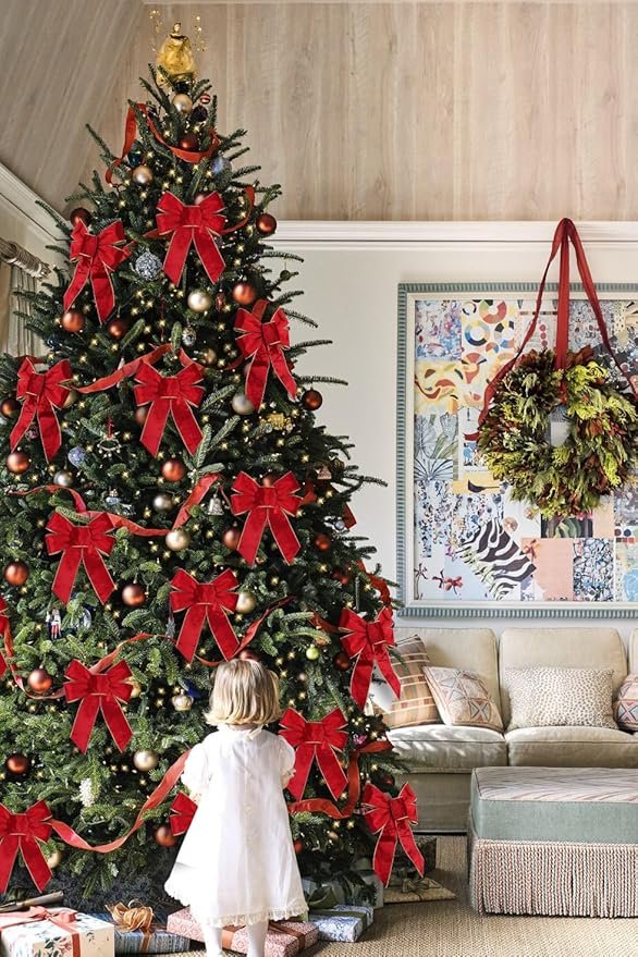 BUVANE 6PCS Red Christmas Velvet Bows, 9" x 12" Christmas Wreath Bow with Golden Edged