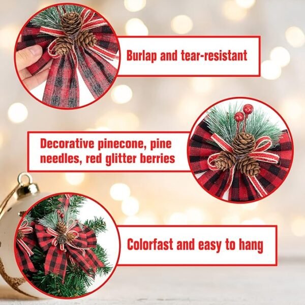 JOHOUSE 6PCS Christmas Red Buffalo Plaid Bows, 6 x 5 Inch Decorative Christmas Bows