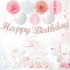 Huglony Pink White Rose-Gold Birthday Party-Decorations - 21pcs Happy Banner