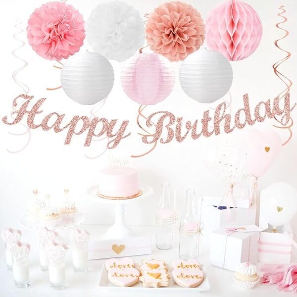 Huglony Pink White Rose-Gold Birthday Party-Decorations - 21pcs Happy Banner