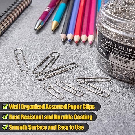 4 Kempshott 750 Paper Clips Assorted Sizes Small, Medium and Large
