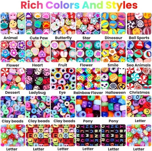 DULEFUN 960pcs Polymer Clay Beads Charms Bracelet Kit 24 Styles Cute Fun Clay Flower Butterfly Heart Animal Letter Pony Beads