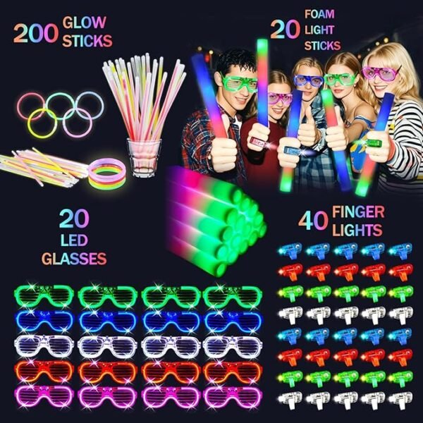 280 PCS Glow in the Dark Party Supplies 20 PCS Foam Glow Sticks 20 PCS LED Glasses 40 PCS Finger Lights 200 PCS Glow Sticks