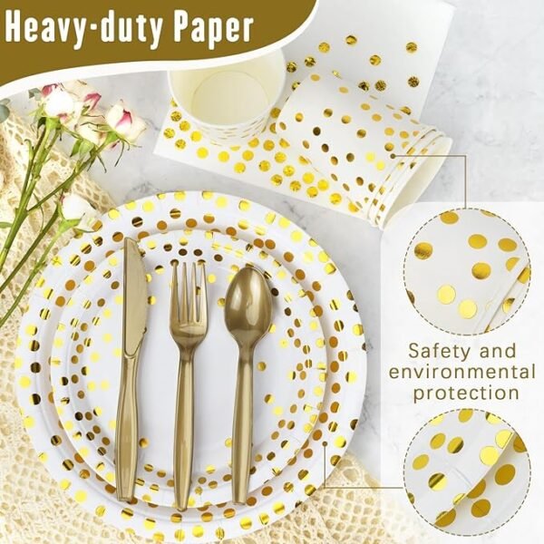 Lzerking 210 Pieces of White and Gold Dot Paper Plates, Cups, Napkins, and Heavy Duty Silverware