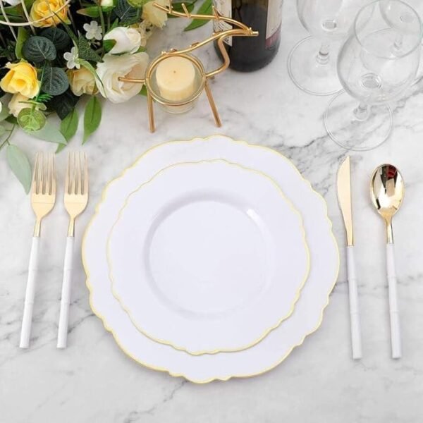 WDF 100pcs Gold Plastic Plates,50Plastic Dinner Plates 10.25inch, 50Salad Plates 7.5inch