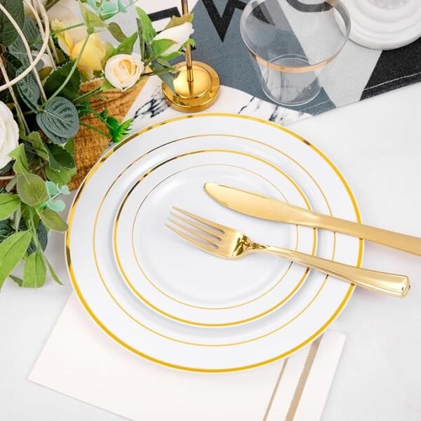 350pcs Gold Plastic Plates-Disposable Plastic Dinnerware Set