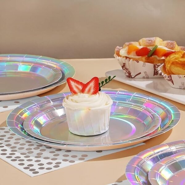 175Pcs Iridescent Party Decorations-Silver party Plates and Cups and Napkins Sets