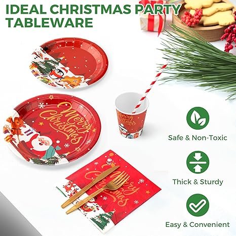 Christmas Plates Disposable Party Set, 189pcs Christmas Tableware, Serve 24, Red