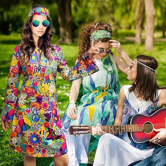 70s Hippie Dress Costumes Necklace Earrings Sunglass