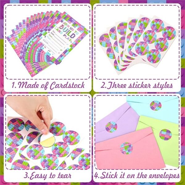 Colarr 24 Set Girls Pink Building Blocks Birthday Party Invitations