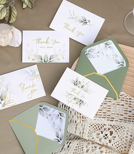 Winoo Design 100 PK Luxurious Gold Thank You Cards with Envelopes Bulk Sage Green - 5x3.5 Inches