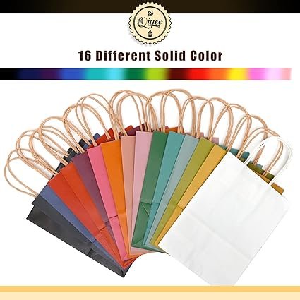 qiqee 60-Packs Paper Bags with Handles Bulk 8.26"×6"×3.15" Small Gift Bags 16 Different Senior Color Bags