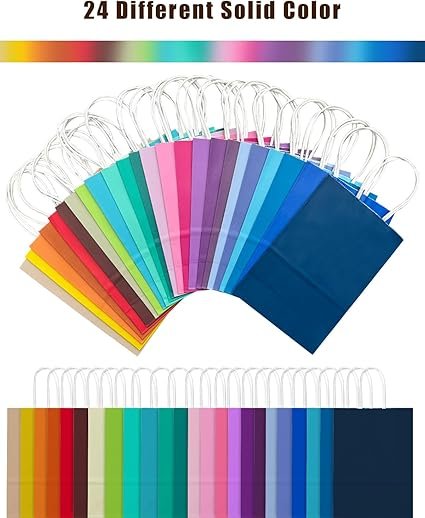 qiqee 48PCS Small Gift Bag with Handles Bulk 24 Colors Paper Party Bags 8.3"x6"x3"