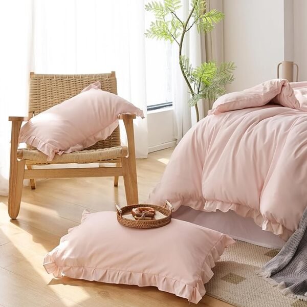 JANZAA Queen Size Comforter Blush Pink Comforter Set Set 3PCS (1 Ruffled Blush Comforter and 2 Pillow Cases)