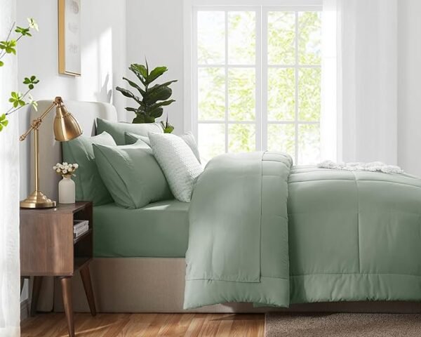 CozyLux Sage Green Comforter Set Queen 7 Pieces Bed in a Bag Sage Green Comforter Queen Size Comforters Bedding Sets