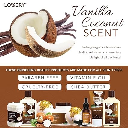 Bath and Body Gift Basket For Women and Men – 9 Piece Set of Vanilla Coconut Home Spa Set