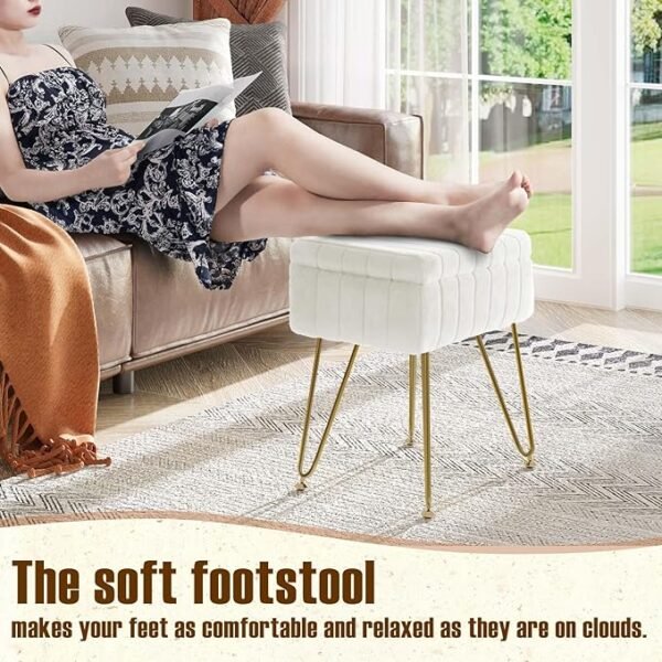 Greenstell Vanity Stool Chair Faux Fur with Storage, 15.7"L x 11.8"W x 19.4"H Soft Ottoman 4 Metal Legs