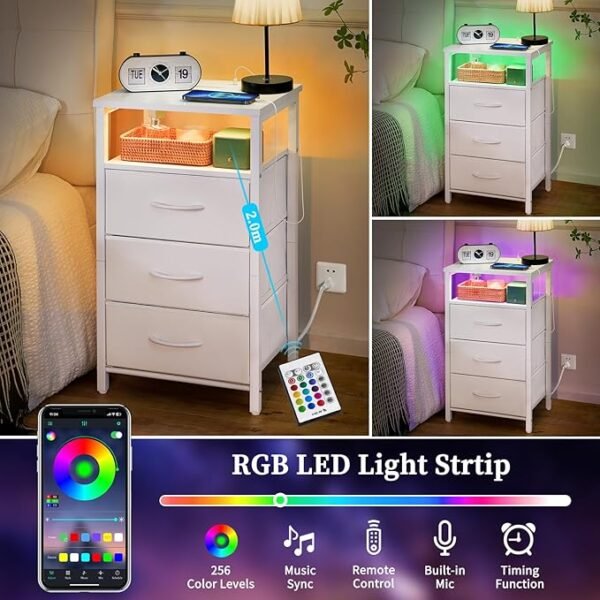 Yoobure Night Stand with Charging Station, 16 Colors LED Nightstand with USB Ports and Outlets