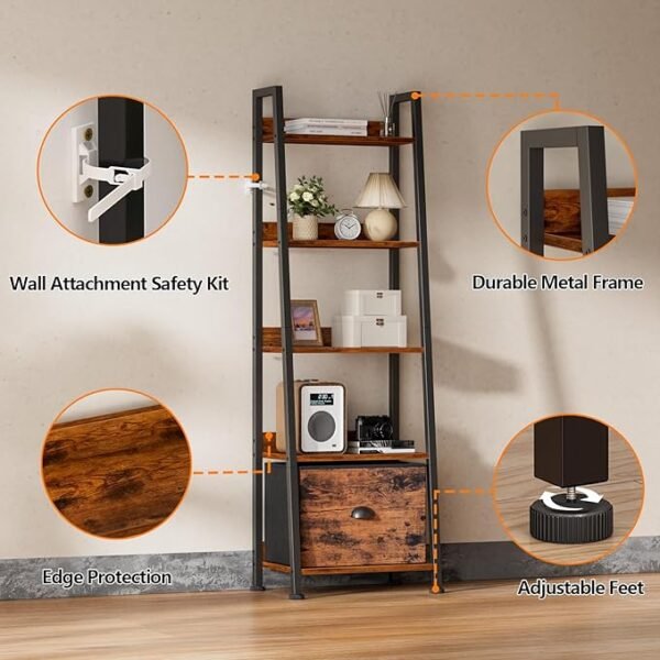 Furologee 5-Tier Ladder Shelf, Ladder Bookshelf with Removable Drawer, Rustic Bookcase Storage Rack Organizer